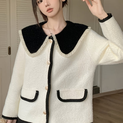 Antmvs Color Block Button Down Knit Cardigan, Elegant Turndown Collar Long Sleeve Sweater With Pocket, Women's Clothing