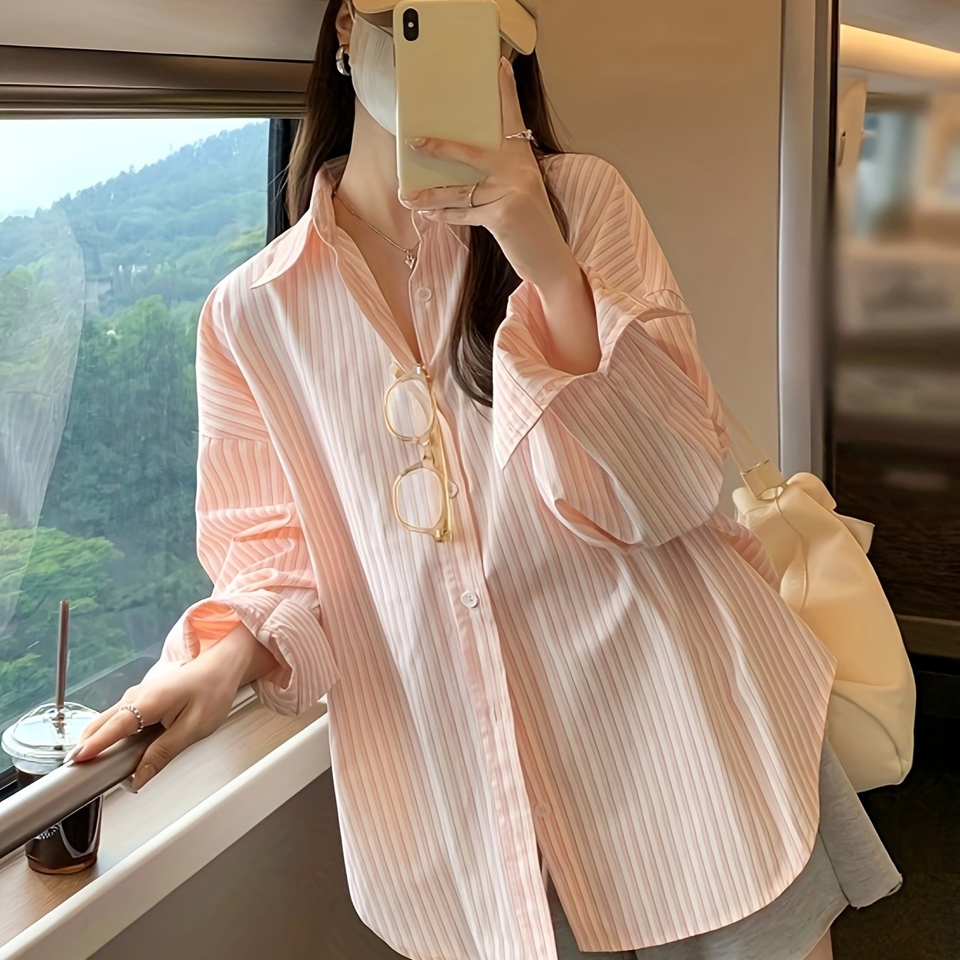 Antmvs Stripe Print Button Front Shirt, Casual Long Sleeve Shirt For Spring & Fall, Women's Clothing