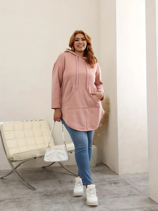 Antmvs Plus Size Casual Sweatshirt, Women's Plus Solid Long Sleeve Drawstring Medium Stretch Hoodie With Kangaroo Pockets