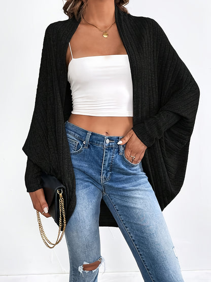 Antmvs Solid Open Front Knit Cardigan, Elegant Batwing Sleeve Oversized Sweater, Women's Clothing