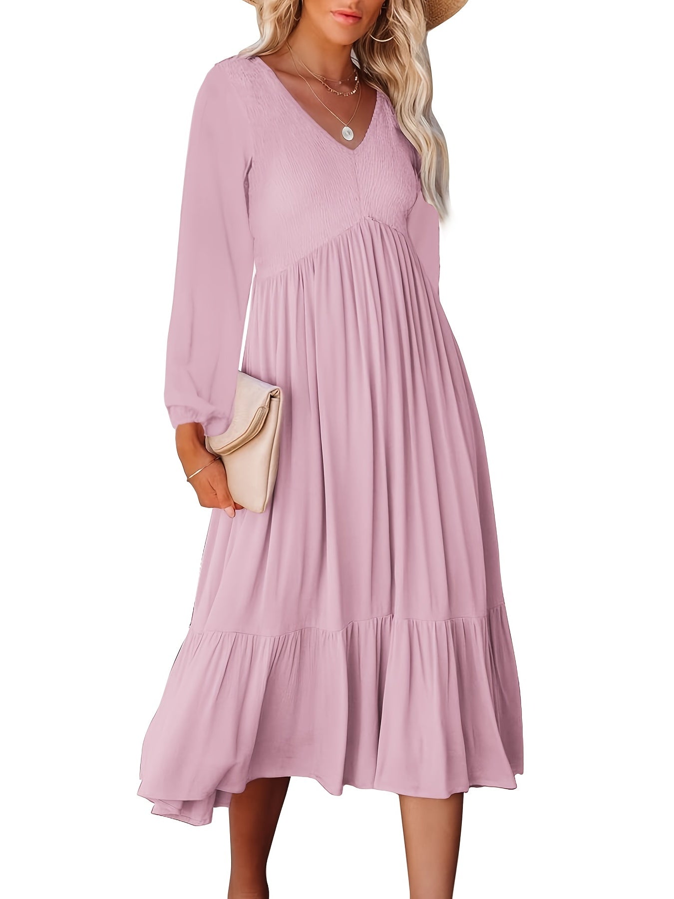 Antmvs Casual Solid Draped Midi Dress, Sexy Long Sleeve V-neck Loose Flowy Swing Babydoll Dresses, Women's Clothing