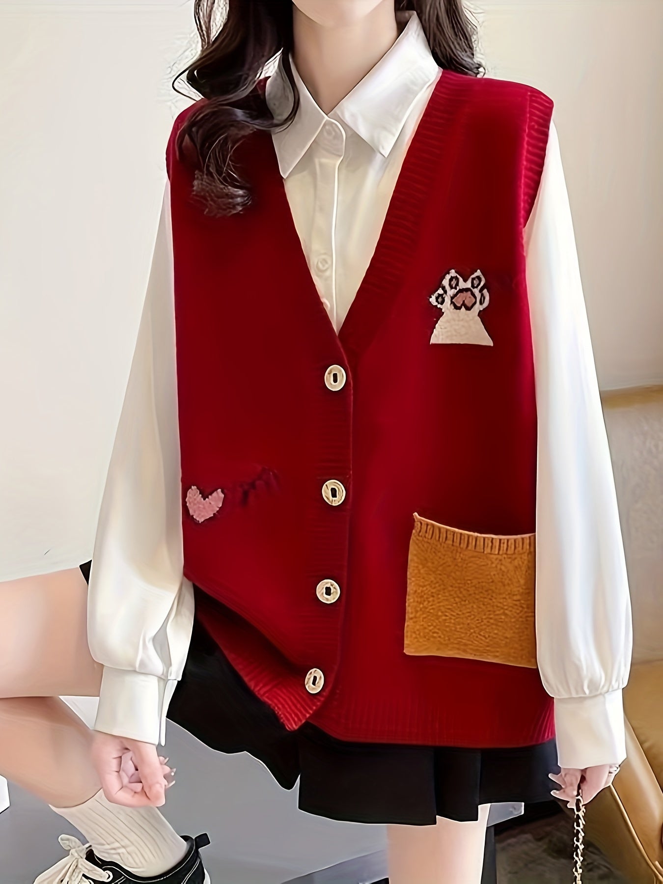 Antmvs Cartoon Pattern Button Front Sweater Veat, Elegant Sleeveless Vest, Women's Clothing