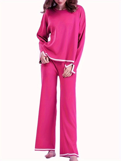 Antmvs Casual Contrast Trim Two-piece Set, Long Sleeve Crew Neck Top & Wide Leg Pants Outfits, Women's Clothing