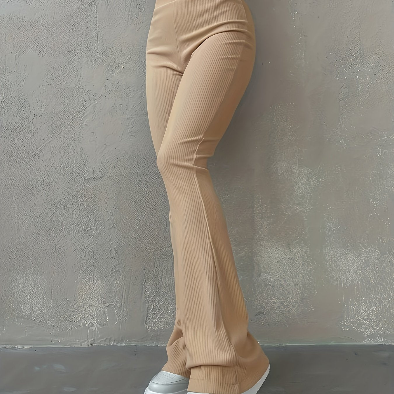 Antmvs Solid Ribbed Flare Leg Pants, High Waist Slim Elastic Pants, Women's Clothing