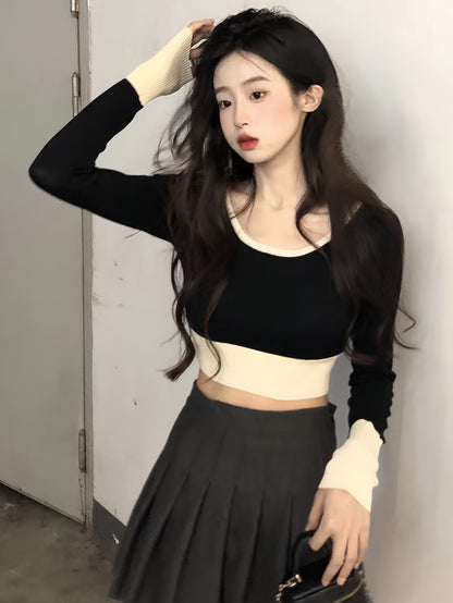 Antmvs Color Block Scoop Neck Knitted Top, Vintage Long Sleeve Crop Fashion Sweater, Women's Clothing