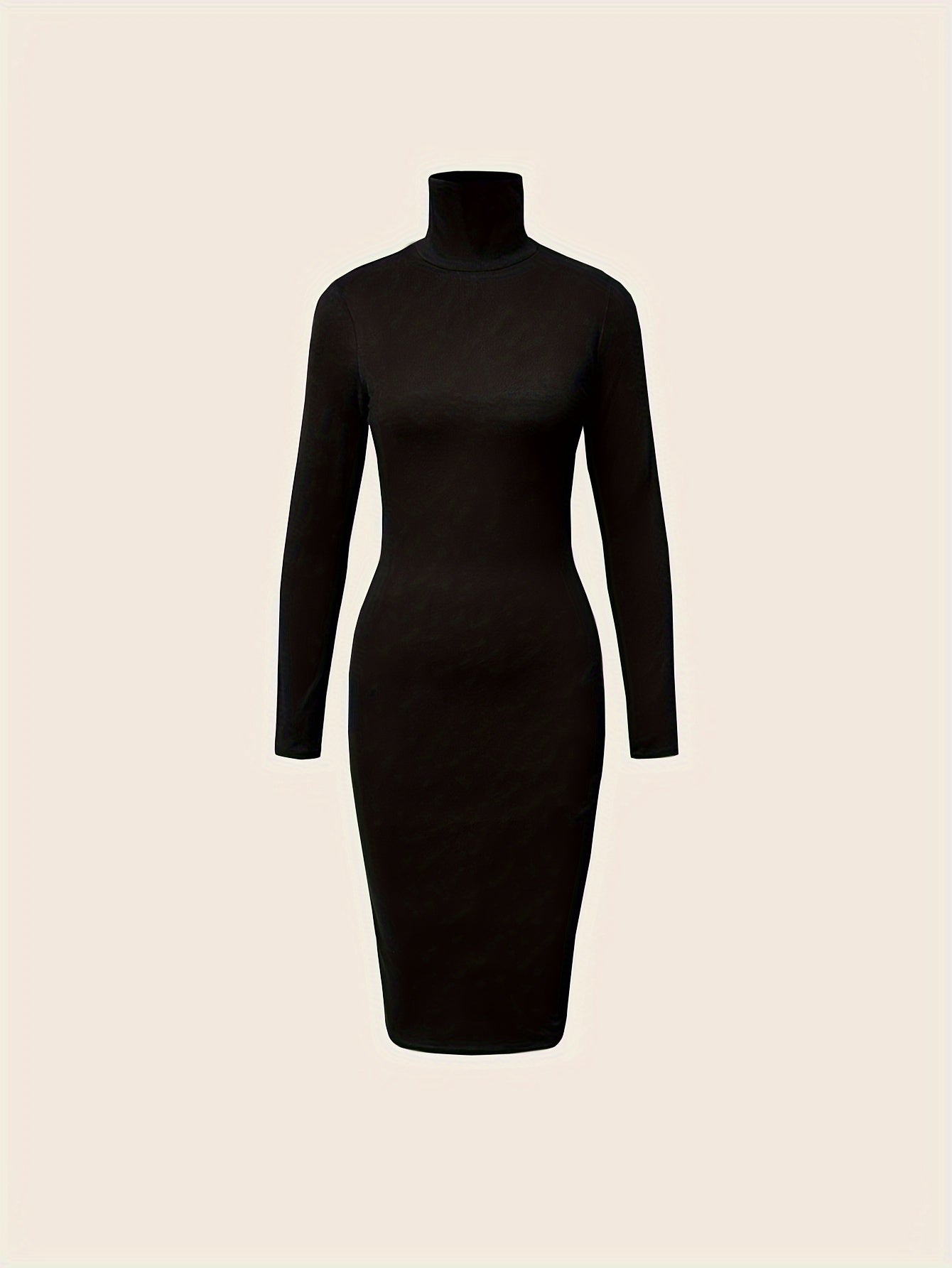 Antmvs Turtleneck Solid Midi Dress, Elegant Long Sleeve Bodycon Dress, Women's Clothing