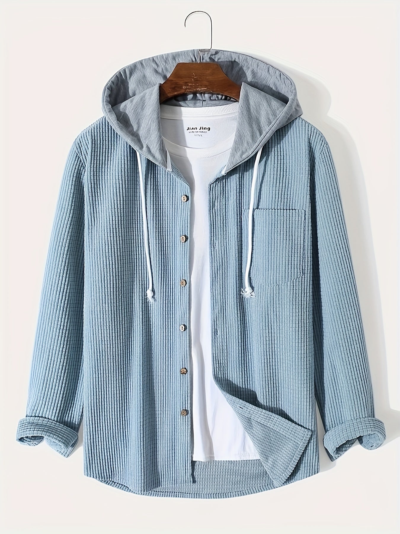 Antmvs Waffle Pattern Hoodie Shirt Coat For Men Long Sleeve Casual Regular Fit Button Up Hooded Shirts Jacket