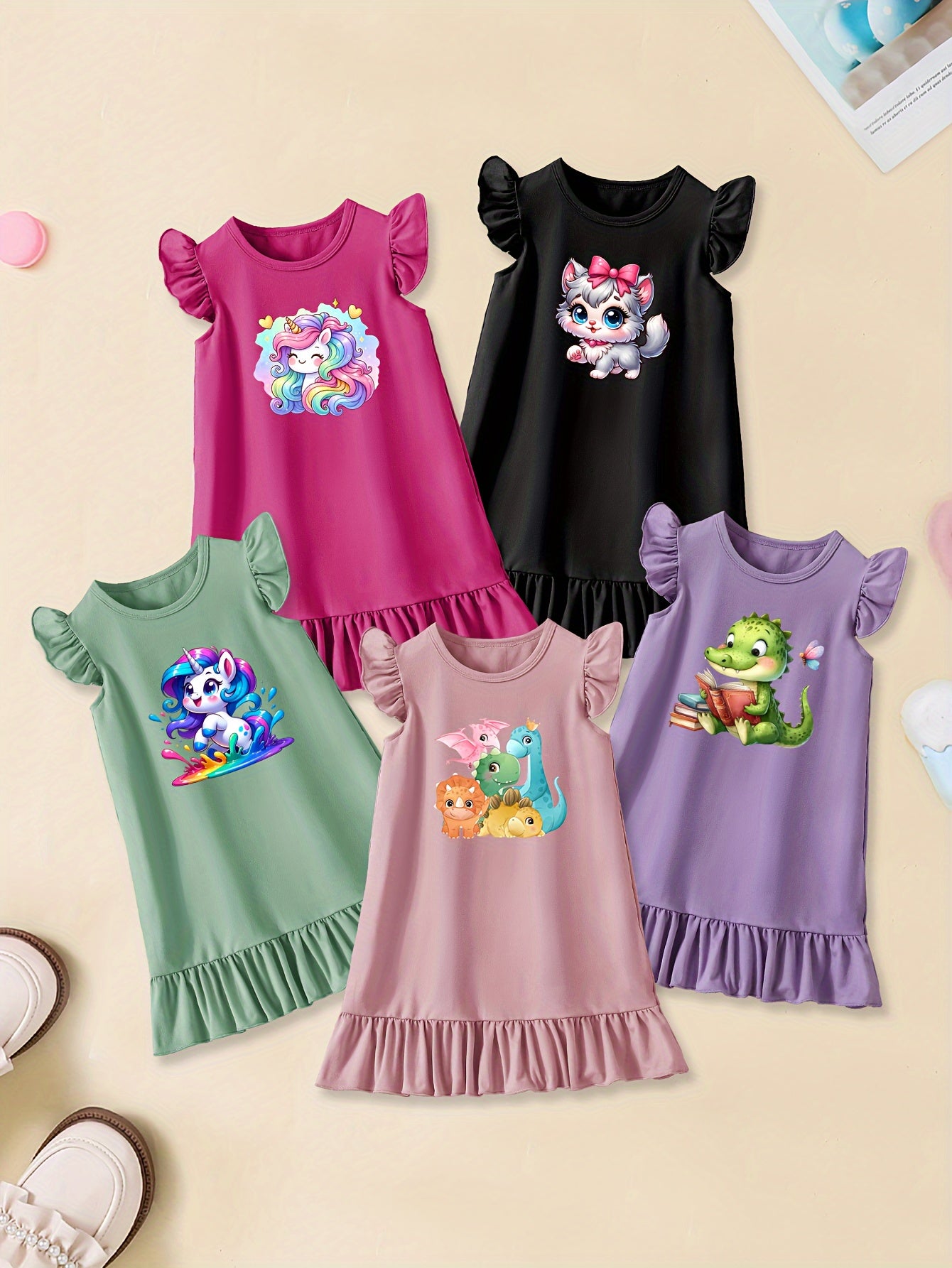 5pcs Cartoon-Themed Graphic Print Crew Neck Ruffle Sleeve Dresses Set for Girls - Soft Knitted Fabric, Slight Stretch, Regular Fit, Trendy Casual Style for Summer Fun