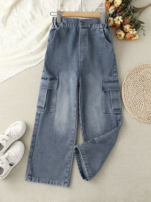 Antmvs Girls' Casual Baggy Fit Cargo Jeans Multi-pocket Versatile Wide Leg Denim Pants