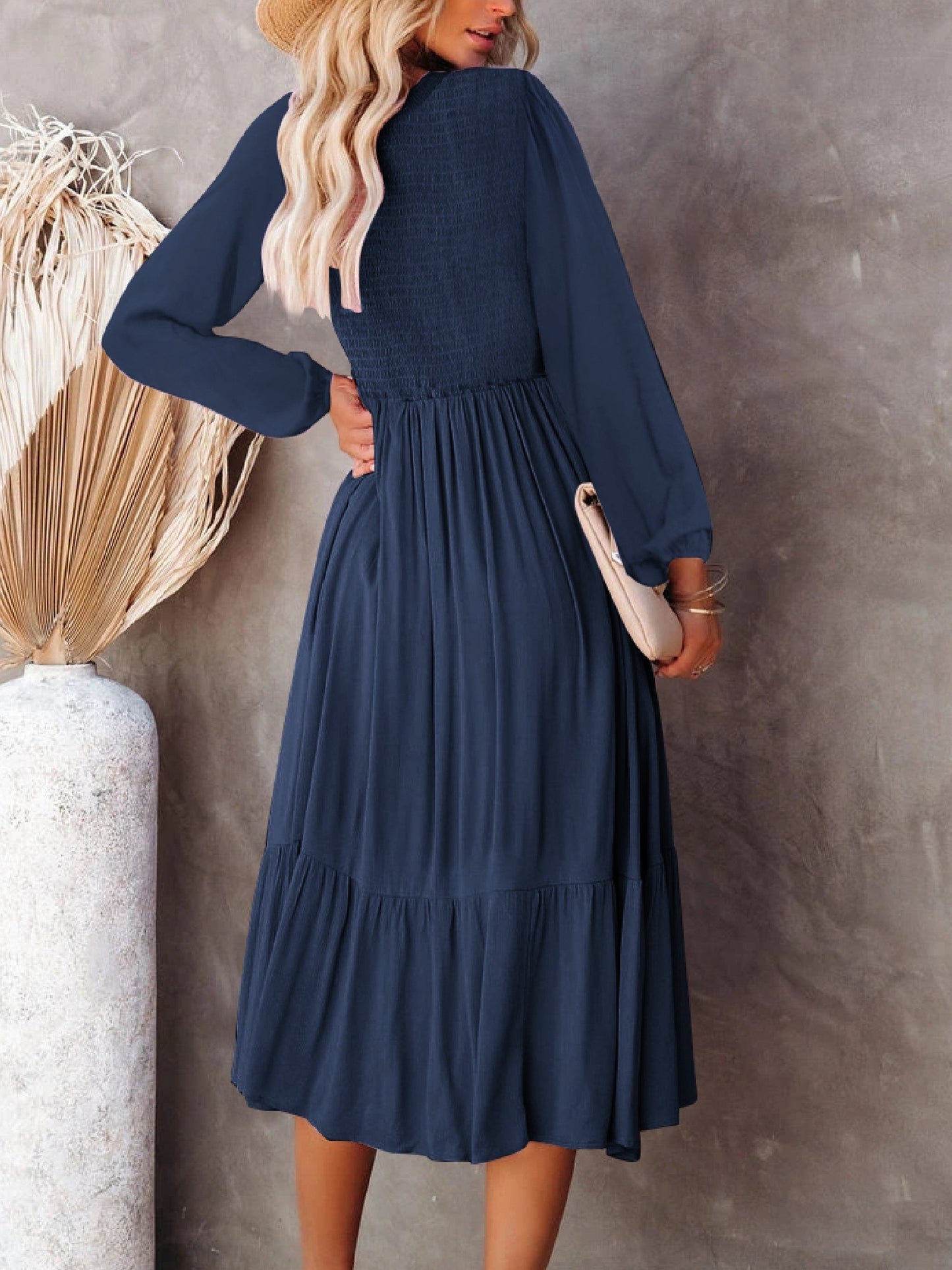 Antmvs Casual Solid Draped Midi Dress, Sexy Long Sleeve V-neck Loose Flowy Swing Babydoll Dresses, Women's Clothing