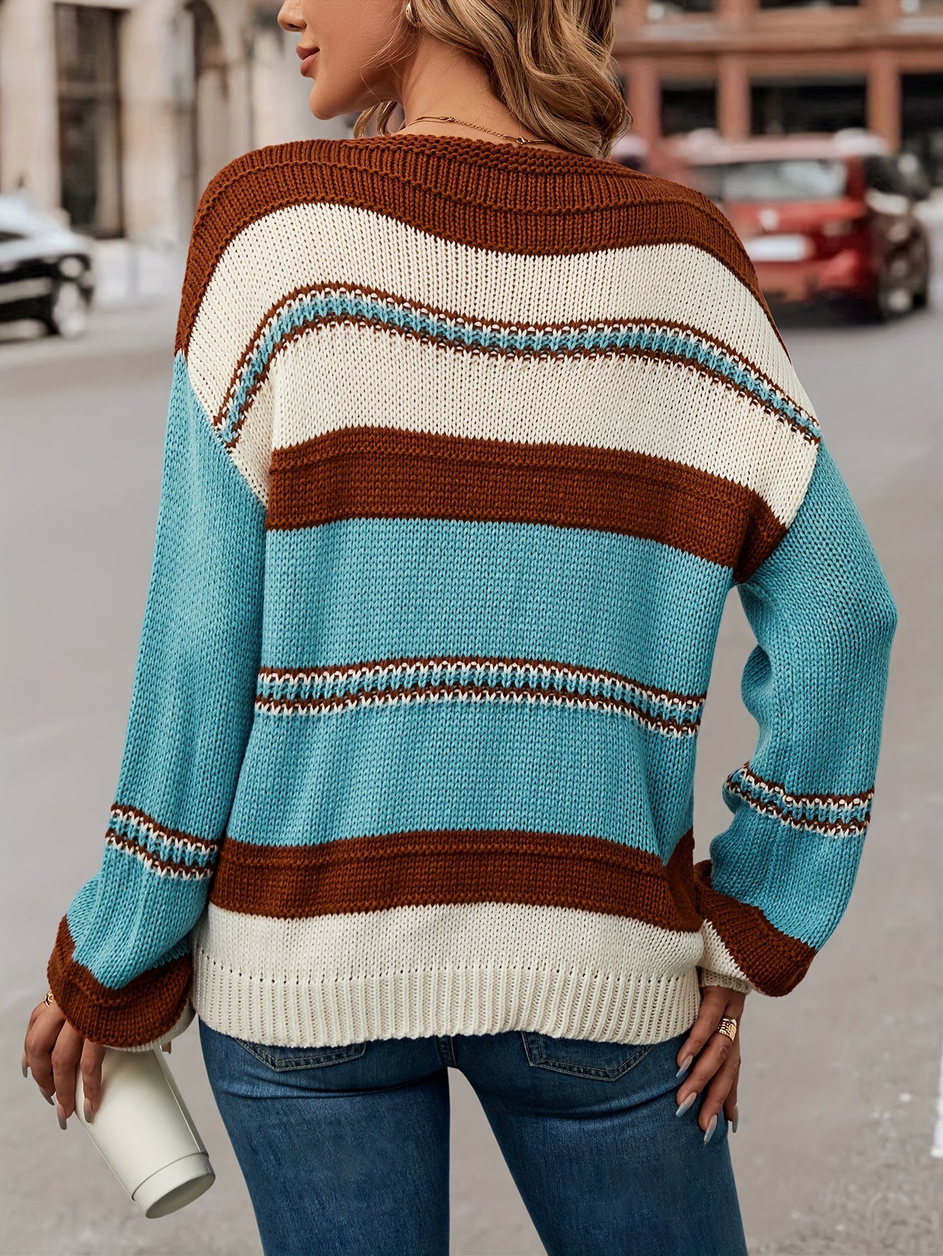 Antmvs Plus Size Casual Sweater, Women's Plus Stripe Print Long Sleeve V Neck Medium Stretch Pullover Sweater