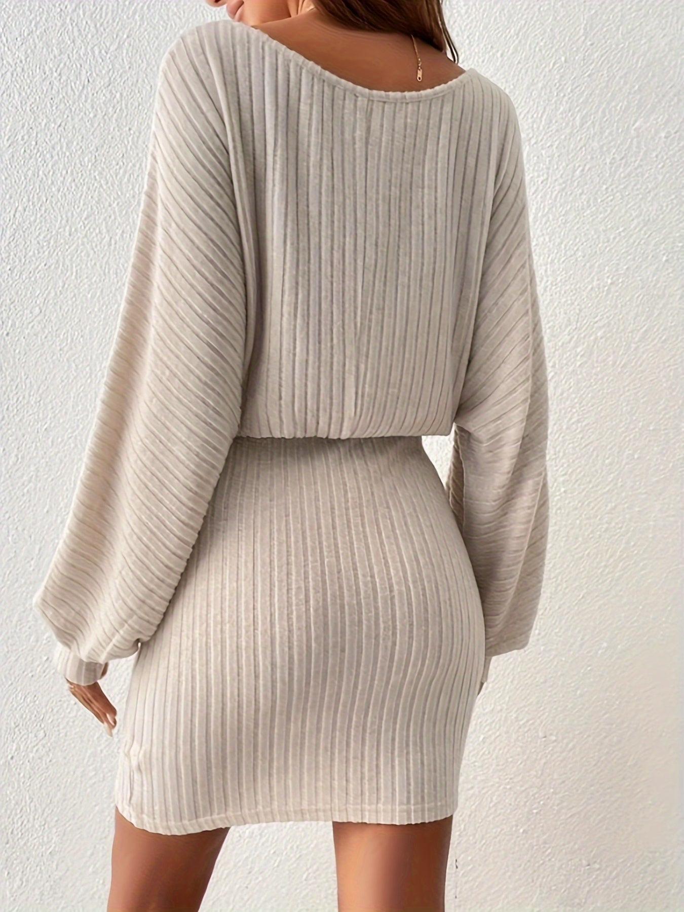 Antmvs Ribbed Boat Neck Dress, Elegant Solid Long Sleeve Bodycon Dress, Women's Clothing