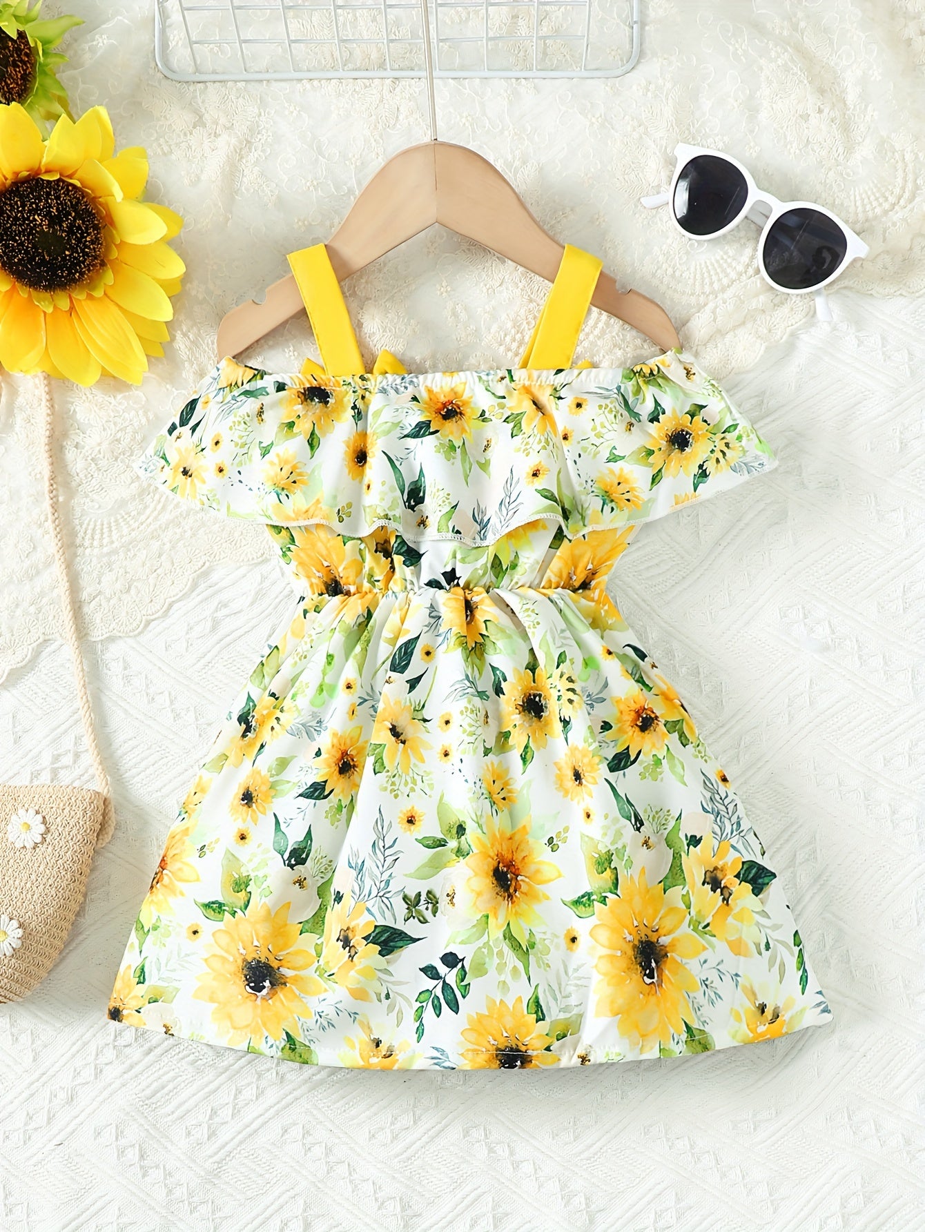 Infant & Toddler's Sunflower All-over Print Dress, Lovely Off-shoulder Dress, Baby Girl's Clothing For Summer