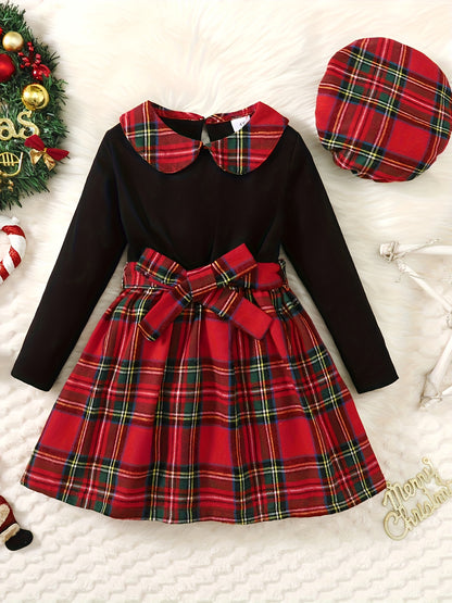 2-Piece Christmas Dress Set for Girls - Splicing Plaid Dress with Bow Belt and Plaid Beret Hat - Perfect for Fall Party, Holiday Outfit, and Winter Fashion for Kids