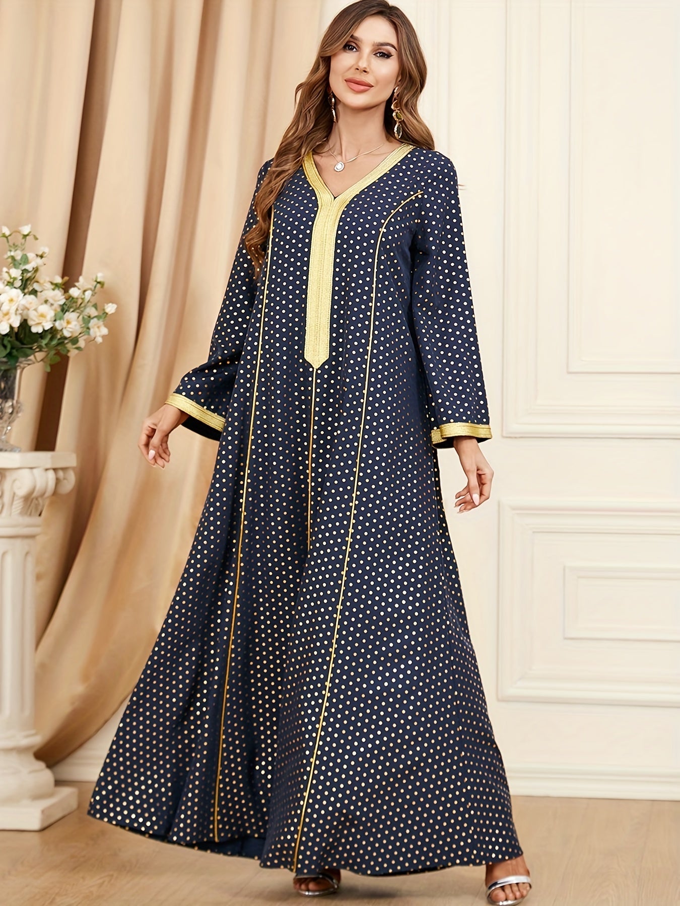 Antmvs Pin Dot Maxi Kaftan Dress, Elegant V Neck Long Sleeve Dress, Women's Clothing