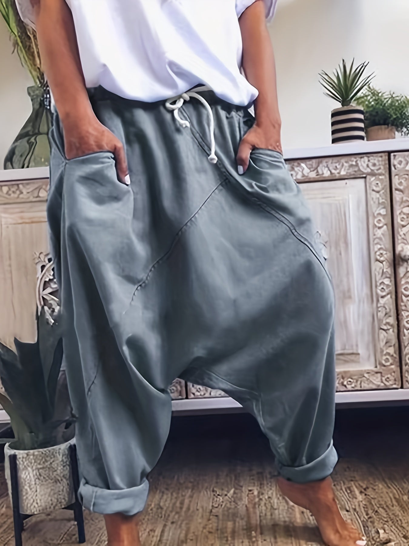 Antmvs Drawstring Solid Harem Pants, Casual Elastic Waist Long Length Pants, Women's Clothing