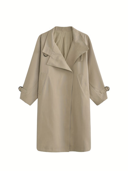 Antmvs Solid Open Front Trench Coat, Casual Long Sleeve Long Length Outwear, Women's Clothing