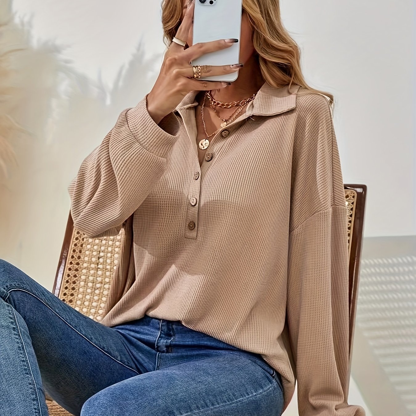 Antmvs Solid Button Front Collared T-Shirt, Casual Long Sleeve Top For Spring & Fall, Women's Clothing