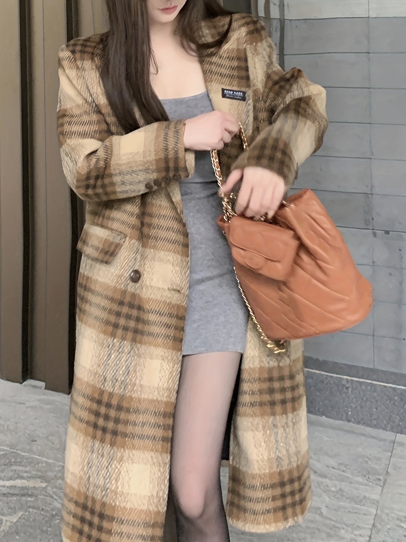 Antmvs Plaid Print Double-breasted Coat, Elegant Notched Collar Long Sleeve Knee Length Coat, Women's Clothing