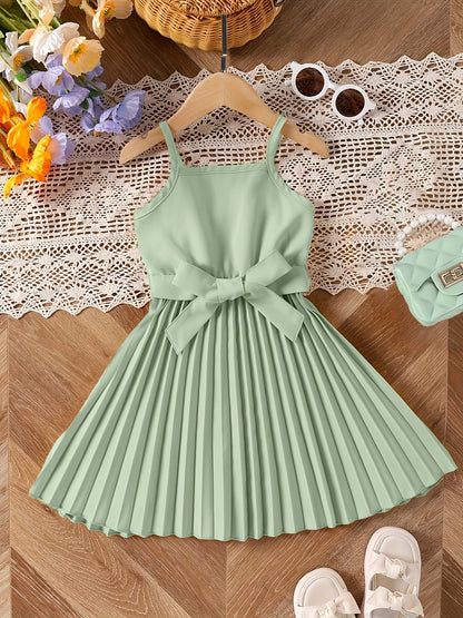 Girls' Elegant Smocked Dress - Charming Bow Belt Detail - Perfect for Summer Parties & Outdoor Events - Chic Sleeveless Cami Style