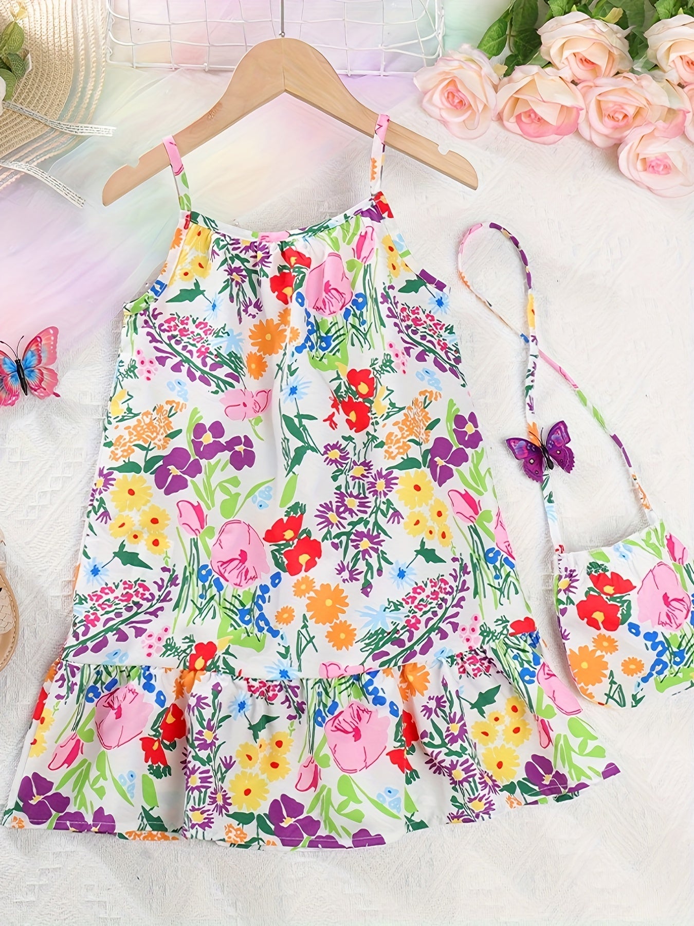 Sweet Flora Print Cami Dress With Bag For Toddler Girls Summer Clothes Gift