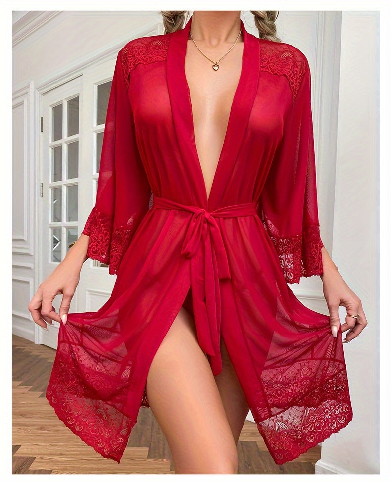 Sexy Solid Contrast Lace Lounge Robe, Semi Sheer Three Quarter Sleeve V Neck Robe With Belt, Women's Loungewear & Dresses