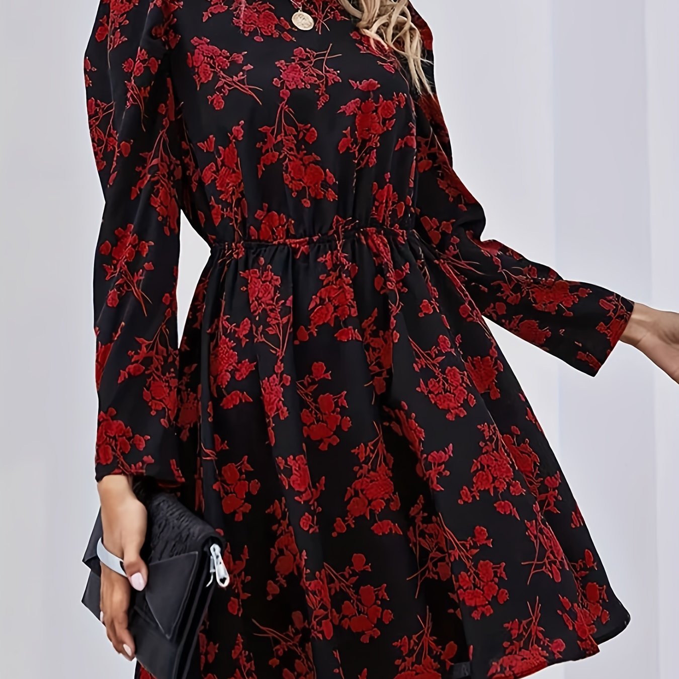 Antmvs Floral Print Keyhole Dress, Elegant Crew Neck Long Sleeve Dress, Women's Clothing