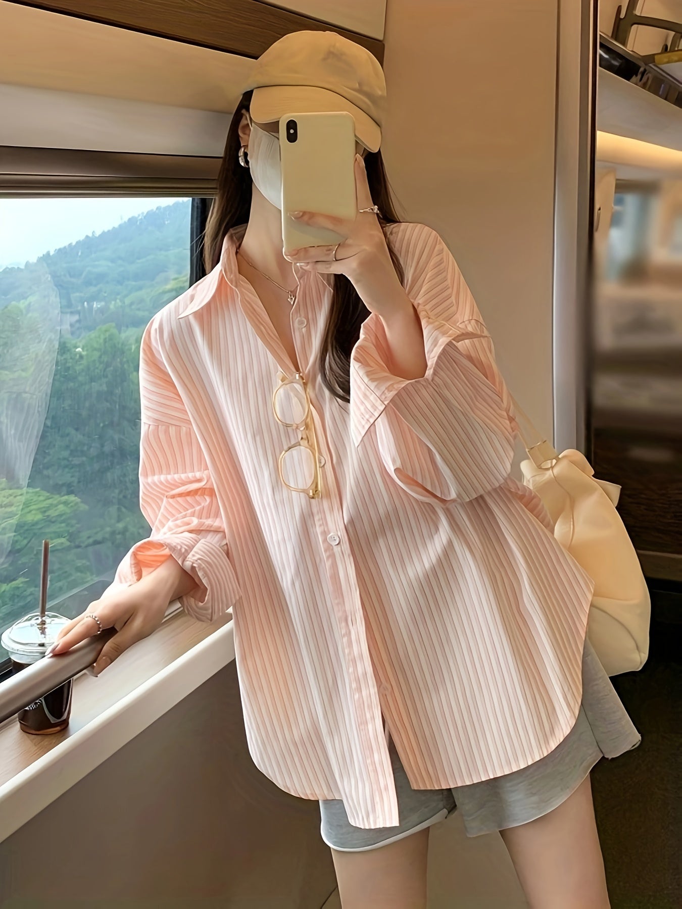 Antmvs Stripe Print Button Front Shirt, Casual Long Sleeve Shirt For Spring & Fall, Women's Clothing