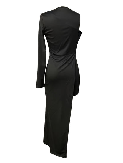 Antmvs Solid Asymmetric One Shoulder Dress, Long Semi Formal Elegant Dress, Women's Clothing