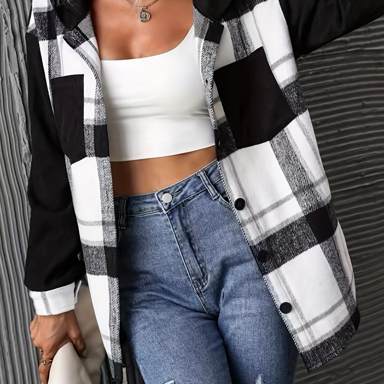 Antmvs Plaid Print Hooded Jacket, Casual Button Front Long Sleeve Outerwear, Women's Clothing