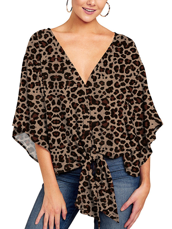 Antmvs Leopard Knot Loose Half Sleeves V-Neck Blouses&Shirts Tops