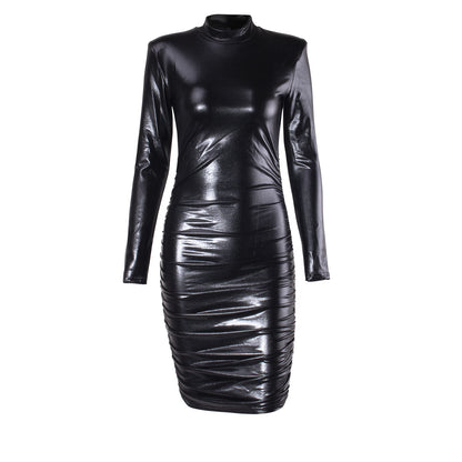 Antmvs Long Sleeve Ruched Dress, Sexy Party Casual Dress For With Shoulder Pads, Women's Clothing