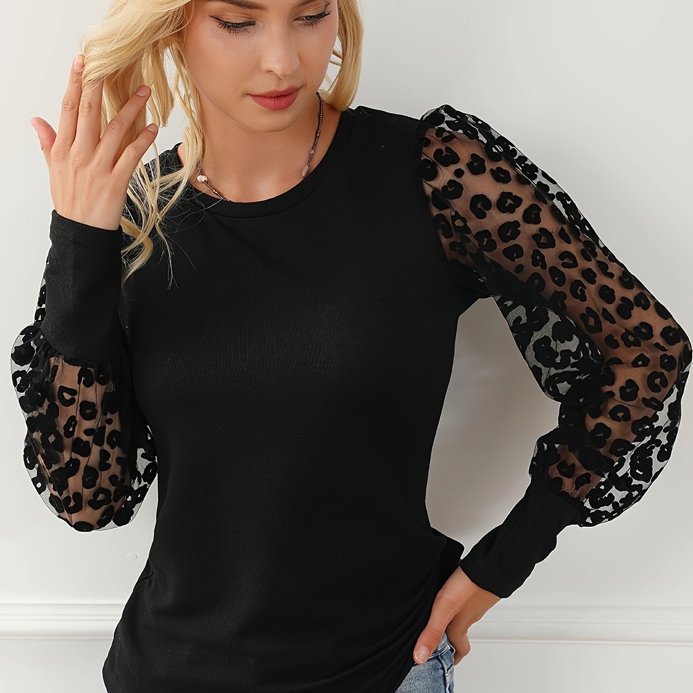 Antmvs Leopard Illusion Sleeve Top, Casual Crew Neck Slim Top, Women's Clothing