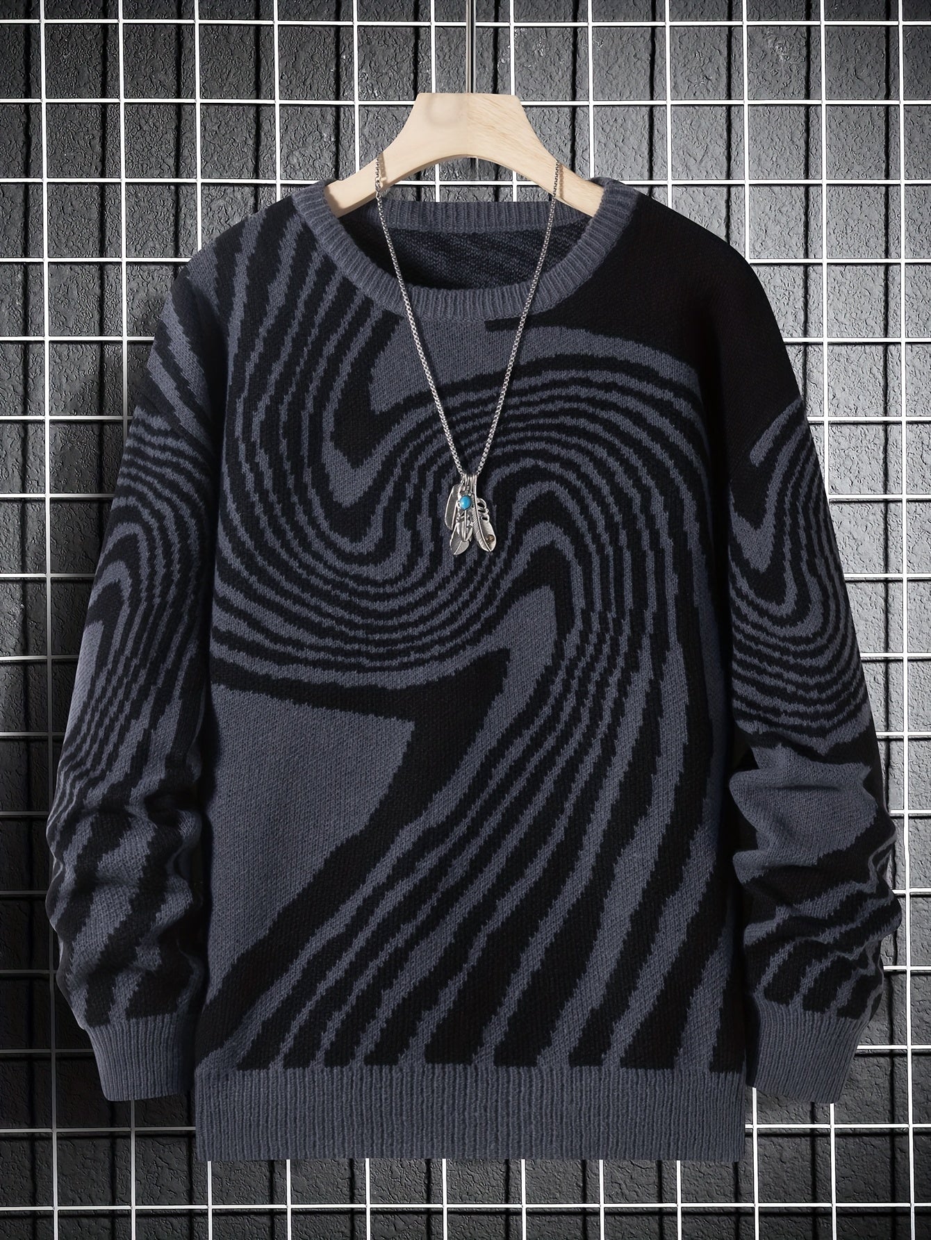 Antmvs Men's Fashion Abstract Graphic Knitted Sweater, Casual Slightly Stretch Breathable Long Sleeve Top For Outdoor Fall Winter