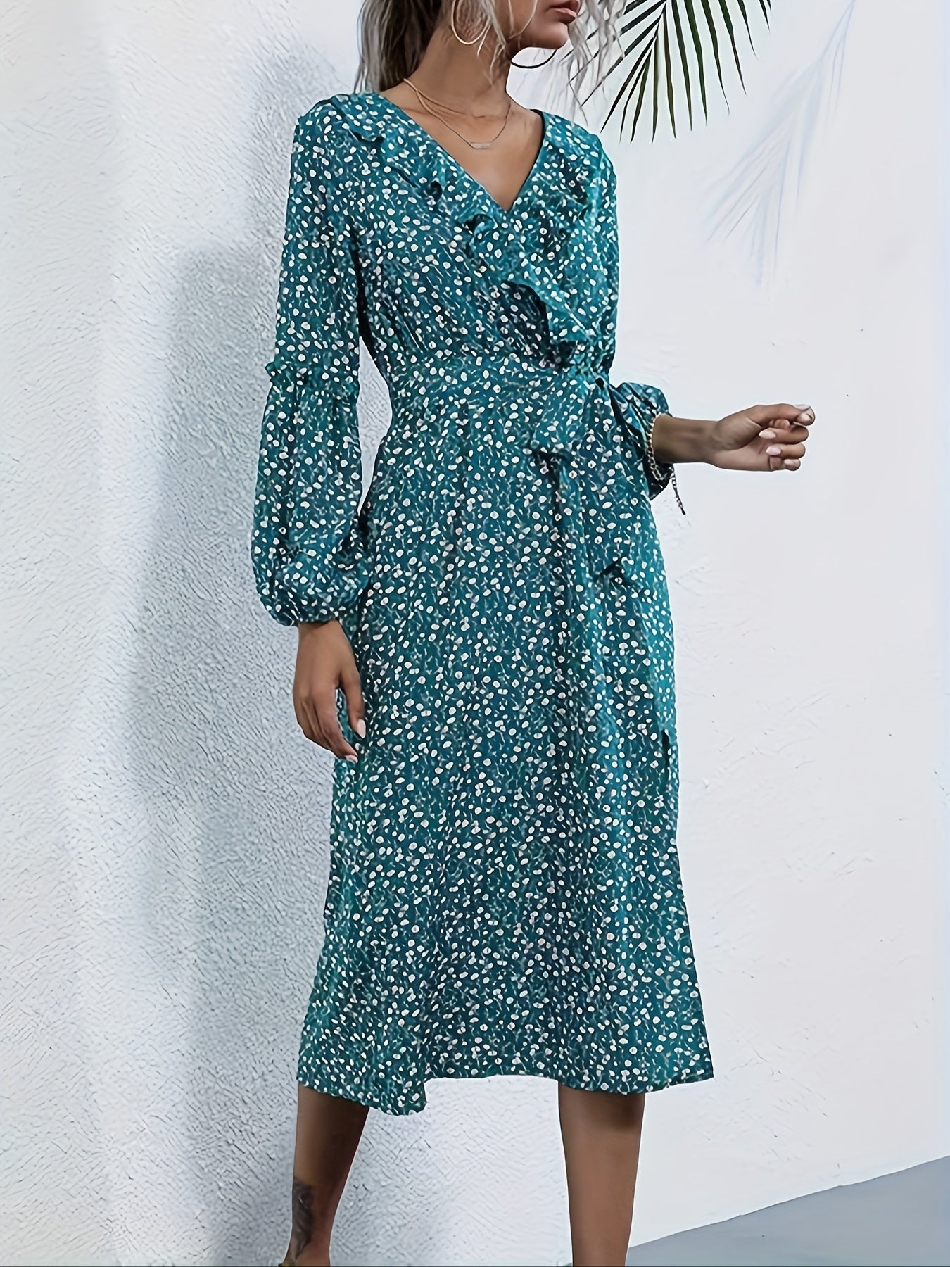 Antmvs Allover Print Ruffle Trim Dress, Elegant V Neck Long Sleeve Midi Dress, Women's Clothing