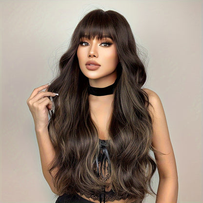 26 Inch Long, Curly Body Wave Brown Black and Light Brown Highlight Wig with Bangs for Women - Elegant, 150% Density, Rose Net Cap, Daily Wear - HAIRCUBE Brand