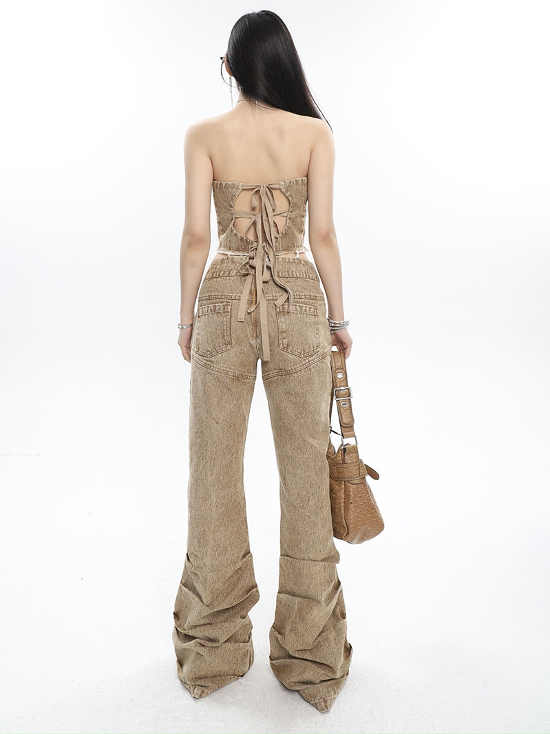 Antmvs Giana Brown Washed Heart Shape Old Vintage Denim Tank Top + Pleated Flared Pants Matching Set