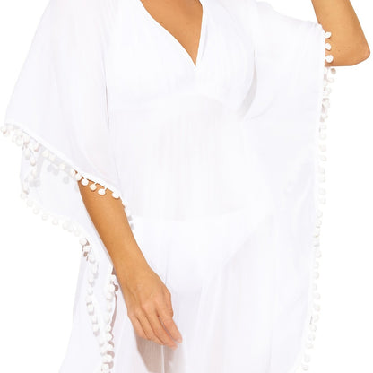 Antmvs Solid V Neck Short Sleeve Tassel Dress, Mature Loose Beach Mesh Mini Dress, Women's Clothing