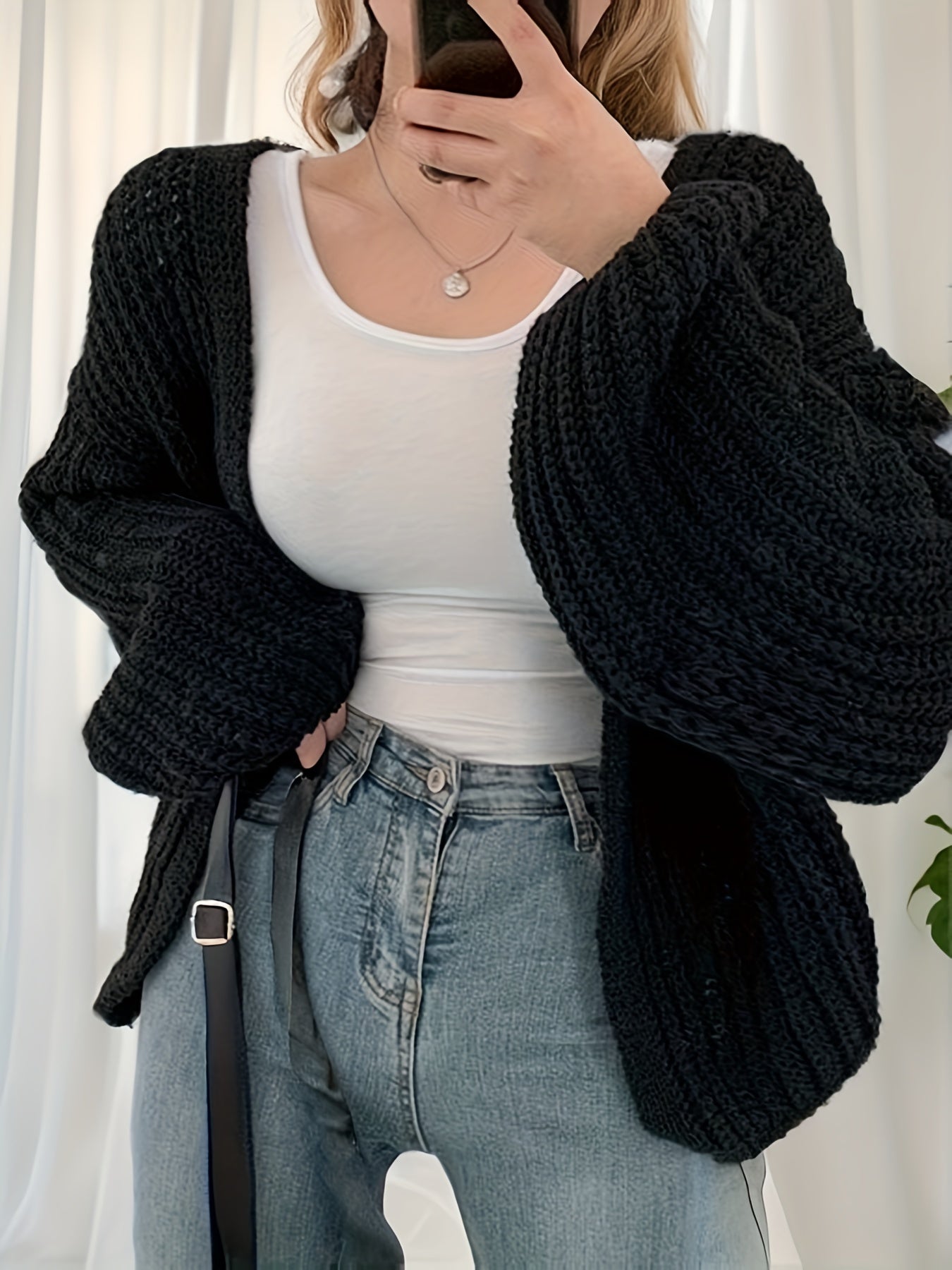 Antmvs Solid Ope Front Chunky Knit Cardigan, Casual Long Sleeve Loose Sweater, Women's Clothing