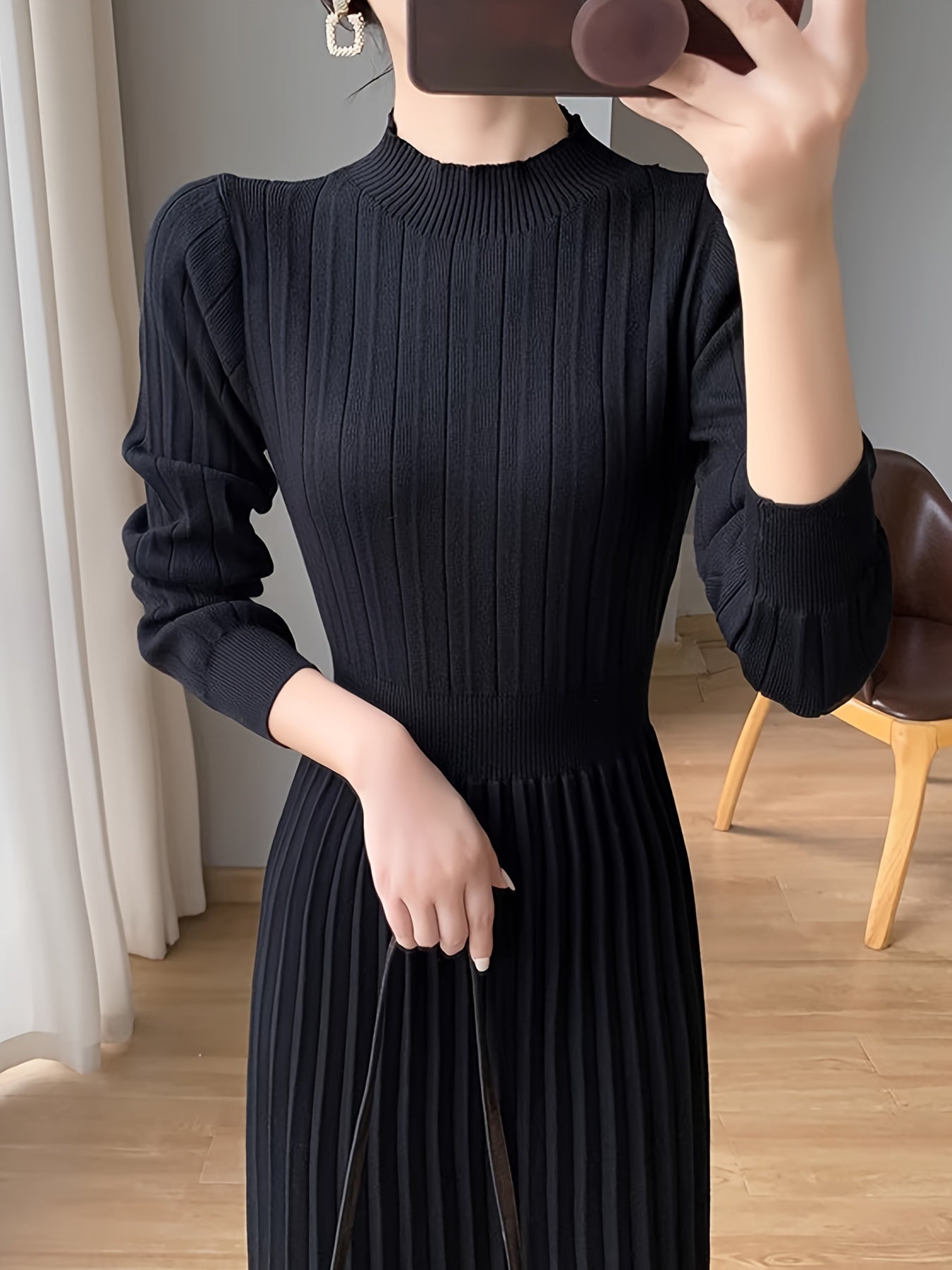 Antmvs Solid Pleated Midi Dress, Elegant Mock Neck Long Sleeve Dress, Women's Clothing