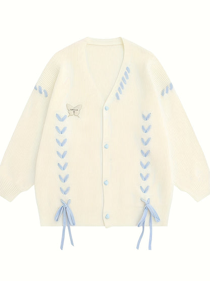 Antmvs Lace Up Button Down Knit Cardigan, Casual Long Sleeve Loose Sweater, Women's Clothing