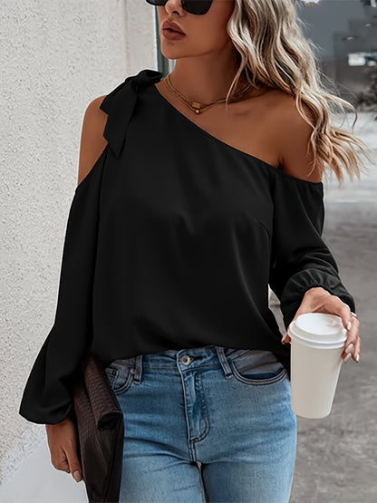 Antmvs Solid Cold Shoulder Blouse, Casual Long Sleeve Blouse For Spring & Fall, Women's Clothing