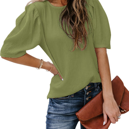 Antmvs  Solid Short Sleeve Blouse, Crew Neck Casual Every Day Top For Summer & Spring, Women's Clothing