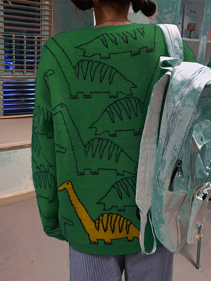 Antmvs Dinosaur Pattern Crew Neck Sweater, Y2K Long Sleeve Drop Shoulder Sweater, Women's Clothing