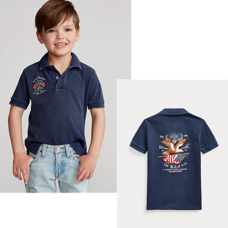 Polos Solid Lapel Polo Top Children's Wear Short Sleeve Big Shirt Cotton Embroidered Homme Kids Casual Clothes 230628