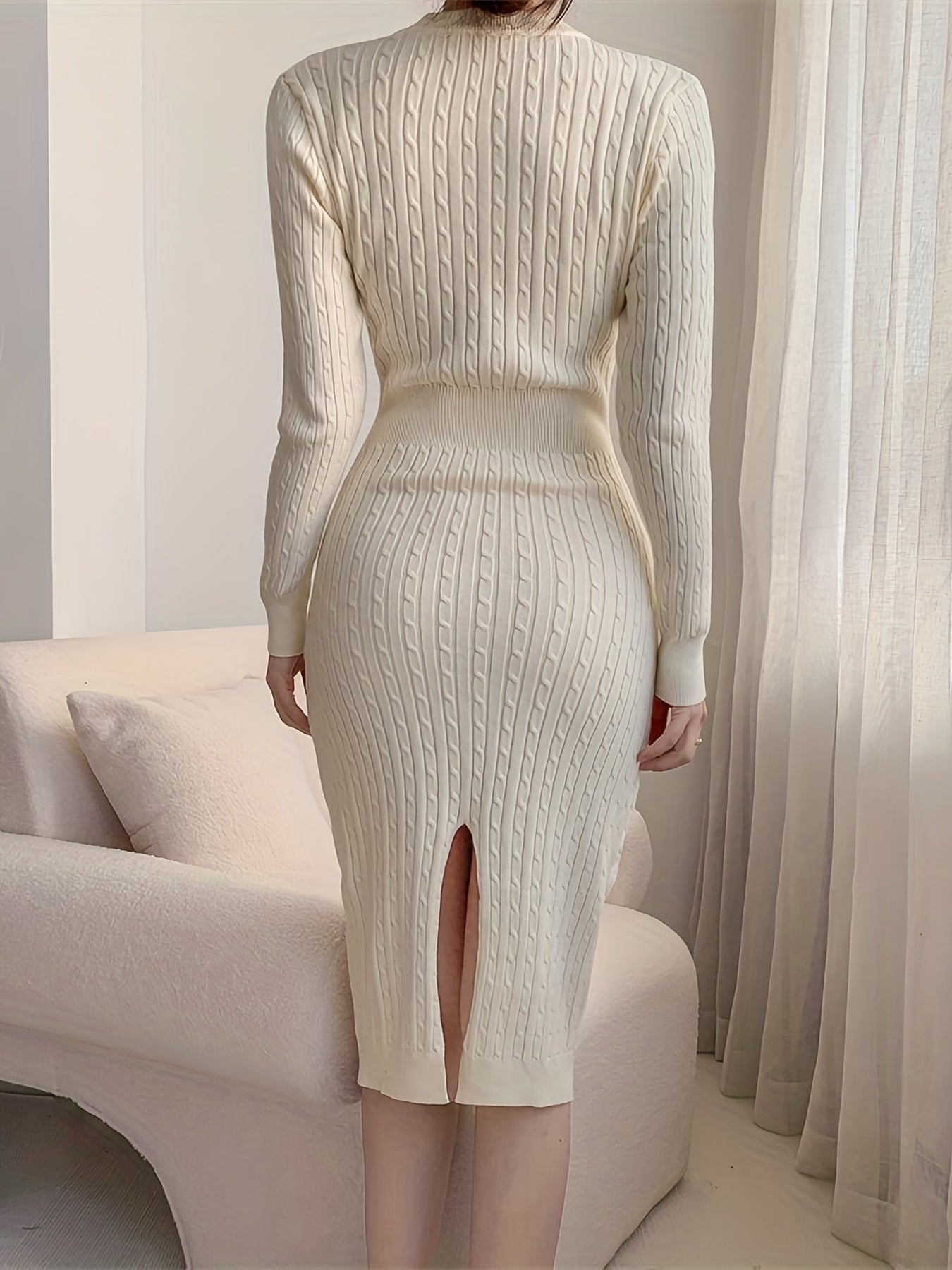 Antmvs Keyhole Sweater Dress, Elegant Long Sleeve Split Bodycon Dress, Women's Clothing