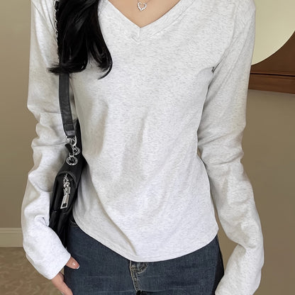 Antmvs Solid Color V Neck T-Shirt, Casual Long Sleeve T-Shirt For Spring & Fall, Women's Clothing