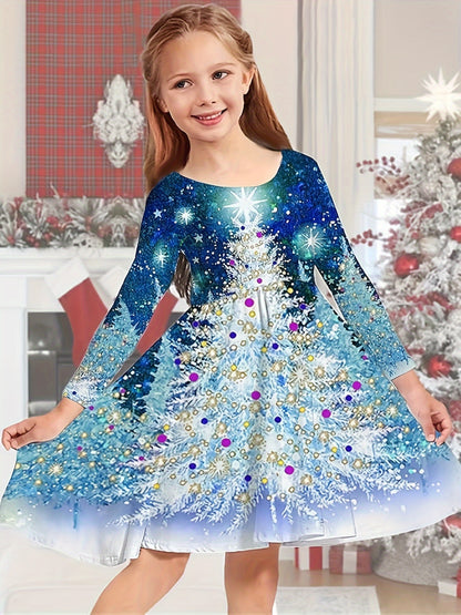 Kids Sweet Girls Christmas Tree Print Crew Neck Dress for Christmas Halloween Gift