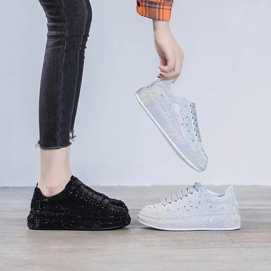 Autumn Women Platform Shoes rhinestones Thicksoled White Silver Shining Crystal Sneakers Trend Casual 240607