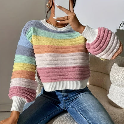 Antmvs Striped Pattern Crew Neck Sweater, Casual Long Lantern Sleeve Sweater For Spring & Fall, Women's Clothing